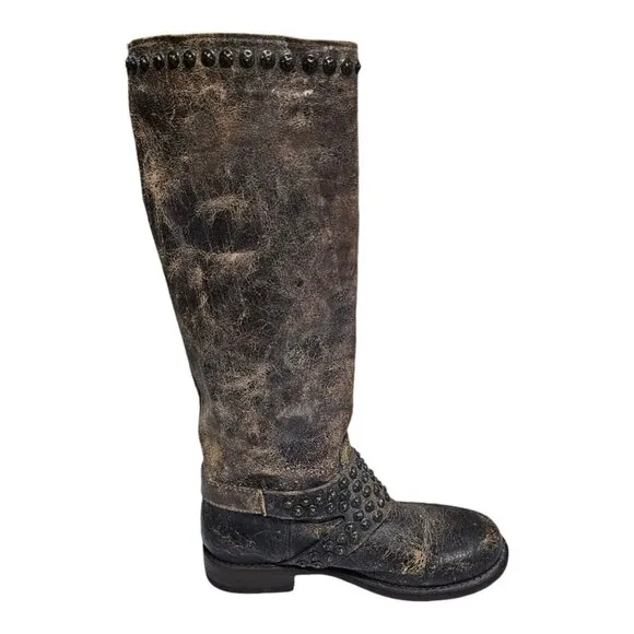 FRYE Jenna 76416 Women Leather Tall Boots 6.5 B Studded Distressed Harness Brown