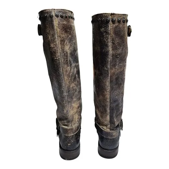 FRYE Jenna 76416 Women Leather Tall Boots 6.5 B Studded Distressed Harness Brown