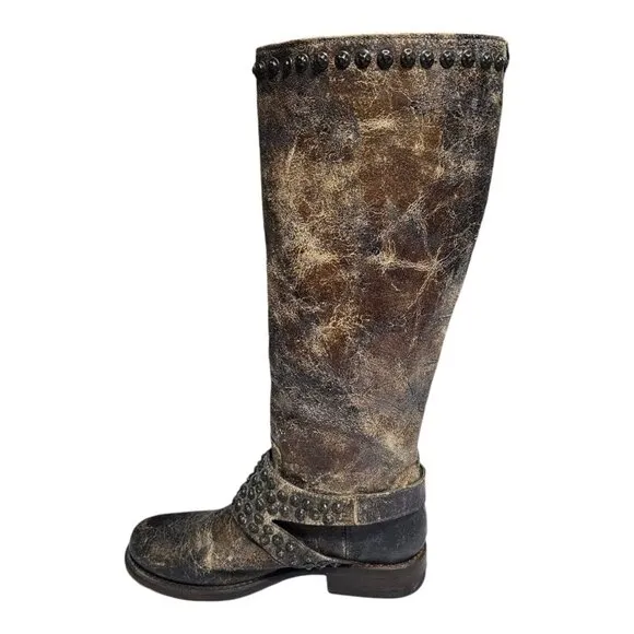 FRYE Jenna 76416 Women Leather Tall Boots 6.5 B Studded Distressed Harness Brown