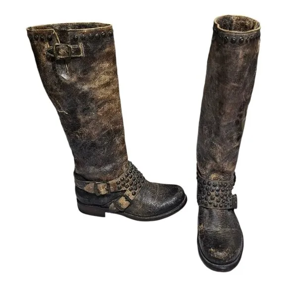 FRYE Jenna 76416 Women Leather Tall Boots 6.5 B Studded Distressed Harness Brown