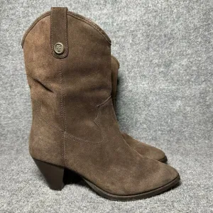Frye June Leather Western Boots Chocolate Brown Chelsea Pull On Heeled Size 7.5