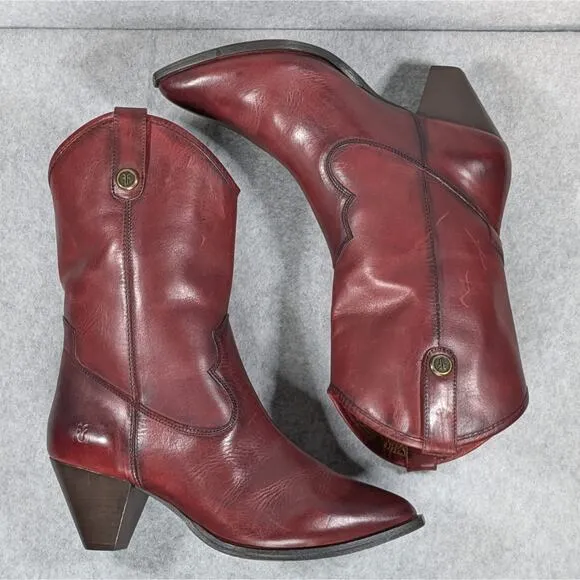 Frye June Leather Western Boots Wine Red Pull On Heeled Size 11 B