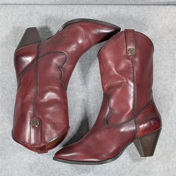 Frye June Leather Western Boots Wine Red Pull On Heeled Size 11 B