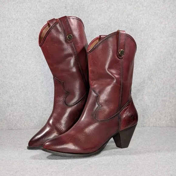 Frye June Leather Western Boots Wine Red Pull On Heeled Size 11 B