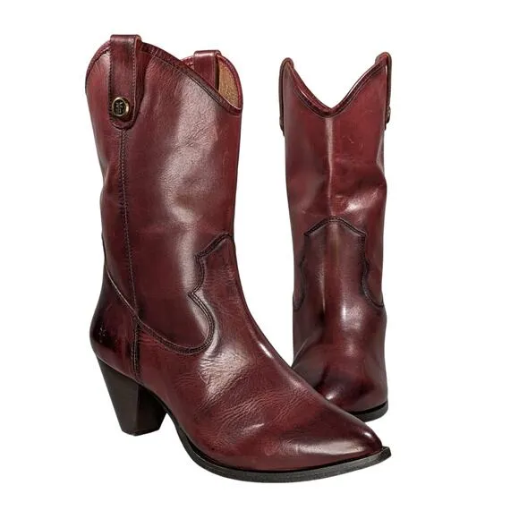 Frye June Leather Western Boots Wine Red Pull On Heeled Size 11 B