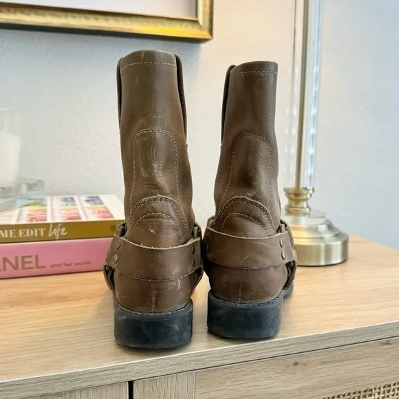 Frye Kids Unisex Brown Distressed Leather Harness‎ Pull On Boots 12.5