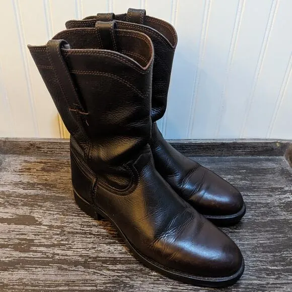 Frye Leather Black/Brown Roper Boots Men's Almond Toe Pull On Size 8 M