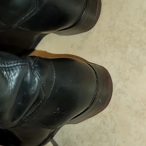 Frye Melissa Button Leather Riding Boots black logo pull on