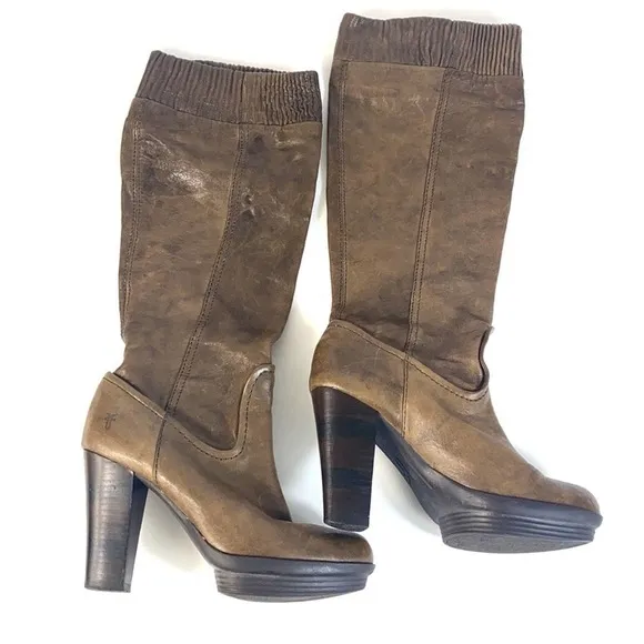 Frye Mimi Brown Distressed Scrunch Leather Pull-on Boots