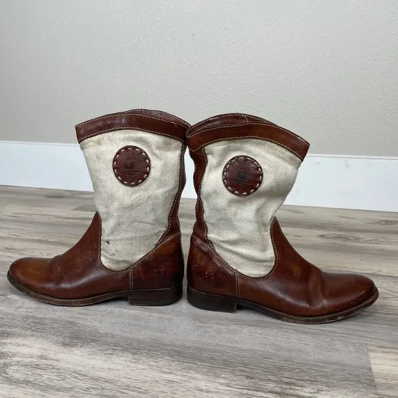 FRYE Pull On Cream Canvas Leather MIDI Western Bootie 8