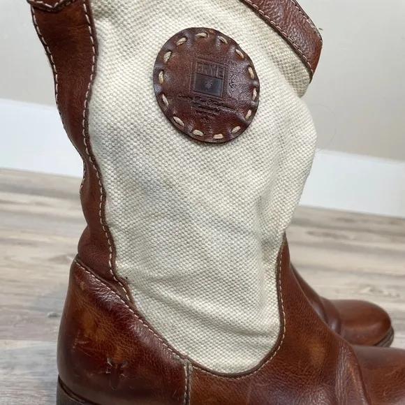 FRYE Pull On Cream Canvas Leather MIDI Western Bootie 8