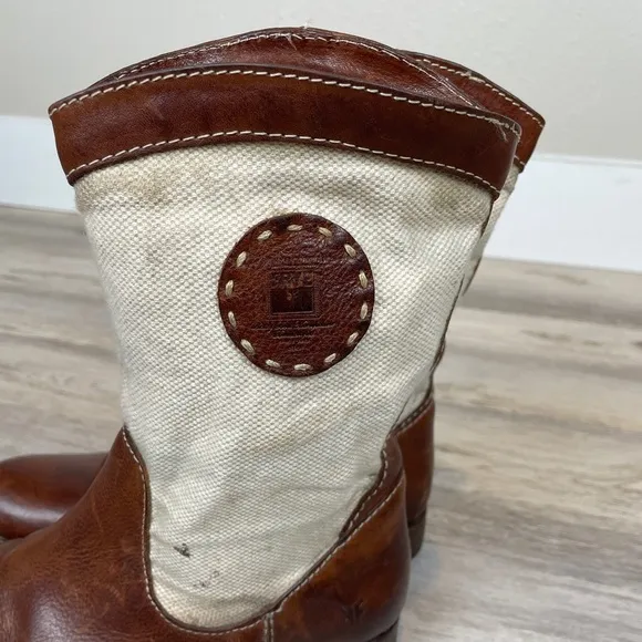 FRYE Pull On Cream Canvas Leather MIDI Western Bootie 8