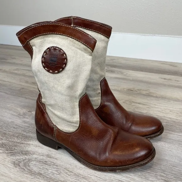 FRYE Pull On Cream Canvas Leather MIDI Western Bootie 8