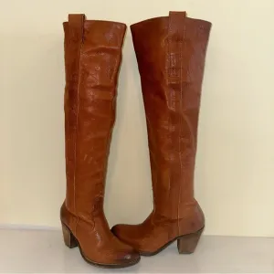 Frye TAYLOR Cognac Tan Leather Heeled Western Over The Knee Pull On Boots Size 6