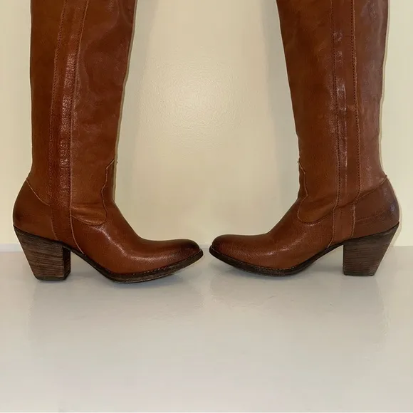 Frye TAYLOR Cognac Tan Leather Heeled Western Over The Knee Pull On Boots Size 6