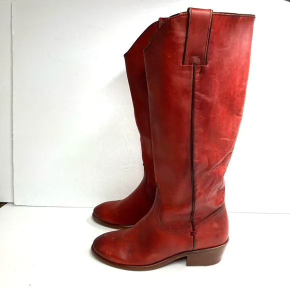 Frye Women's High Knee Boots Carson Pull On Red Leather 5.5 M Western