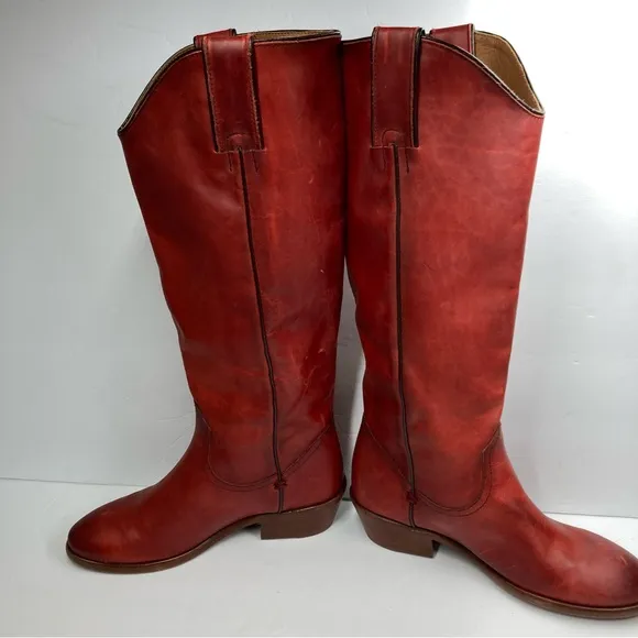 Frye Women's High Knee Boots Carson Pull On Red Leather 5.5 M Western