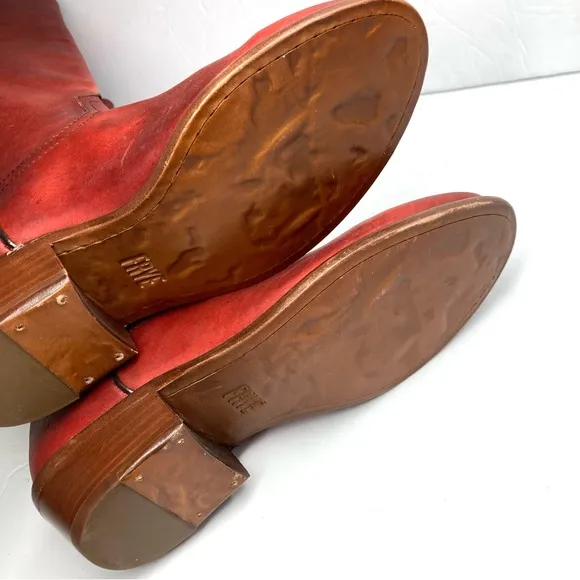 Frye Women's High Knee Boots Carson Pull On Red Leather 5.5 M Western