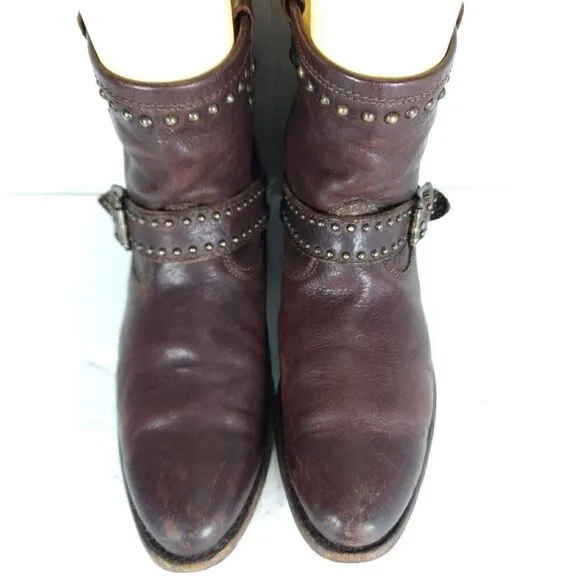 Frye Women's US 8B Brown Leather Studded Strap ankle Western Boots Booties