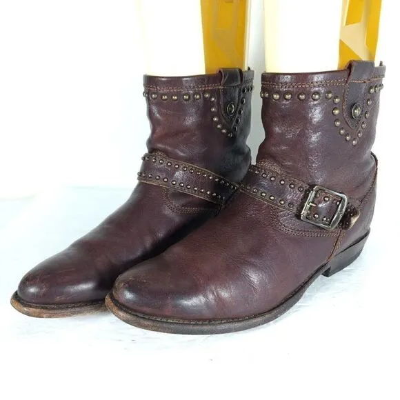 Frye Women's US 8B Brown Leather Studded Strap ankle Western Boots Booties