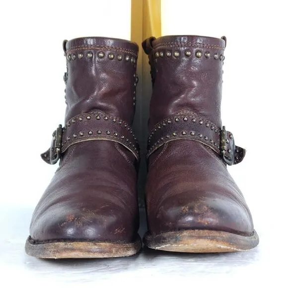 Frye Women's US 8B Brown Leather Studded Strap ankle Western Boots Booties
