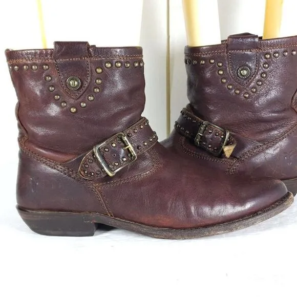 Frye Women's US 8B Brown Leather Studded Strap ankle Western Boots Booties