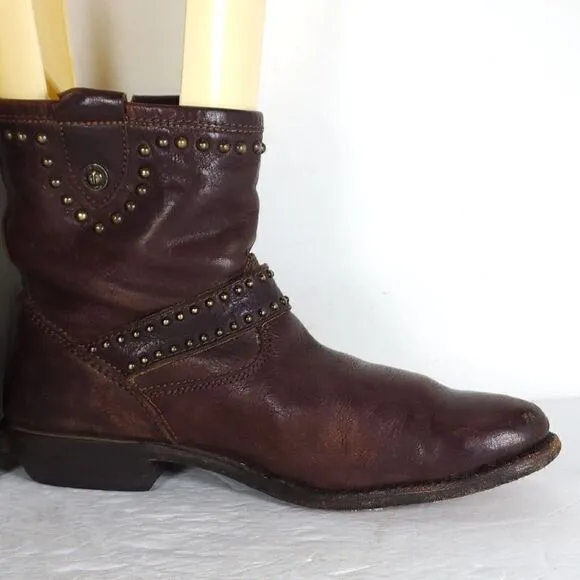 Frye Women's US 8B Brown Leather Studded Strap ankle Western Boots Booties