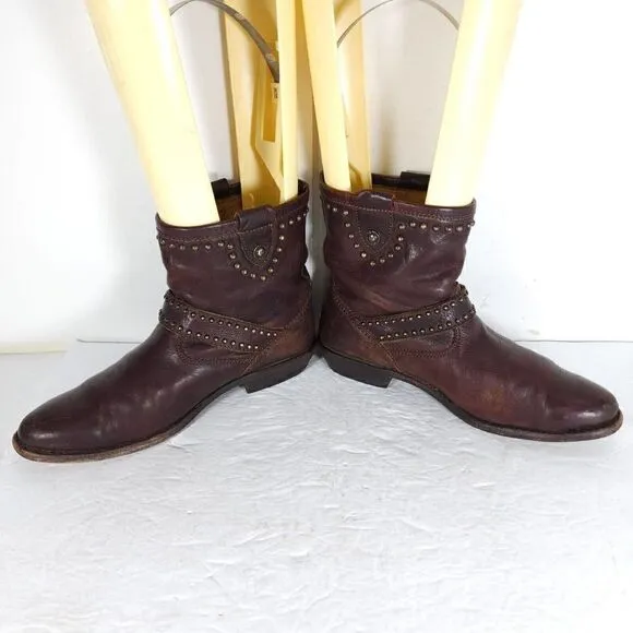 Frye Women's US 8B Brown Leather Studded Strap ankle Western Boots Booties