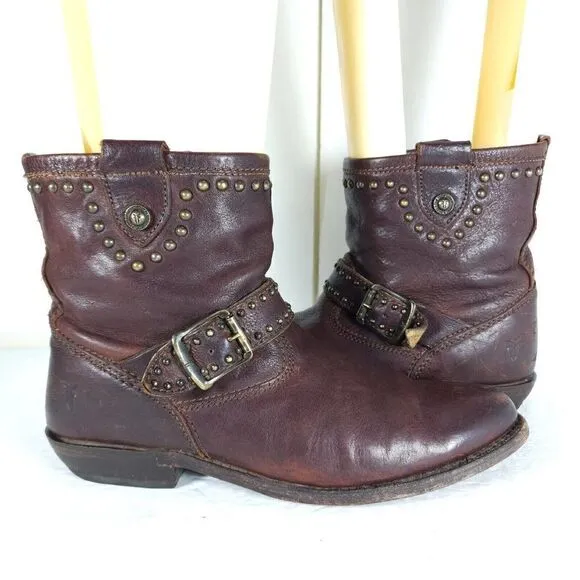 Frye Women's US 8B Brown Leather Studded Strap ankle Western Boots Booties