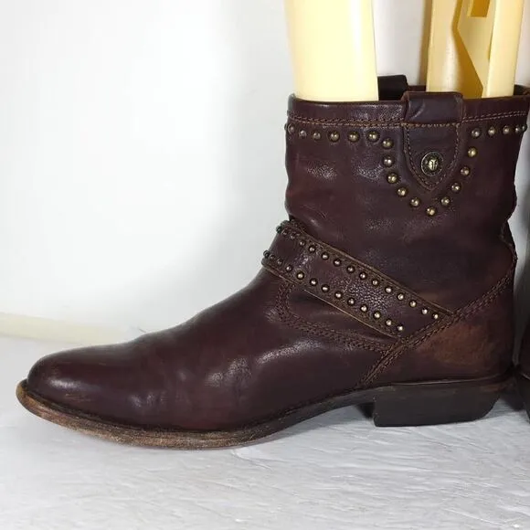 Frye Women's US 8B Brown Leather Studded Strap ankle Western Boots Booties