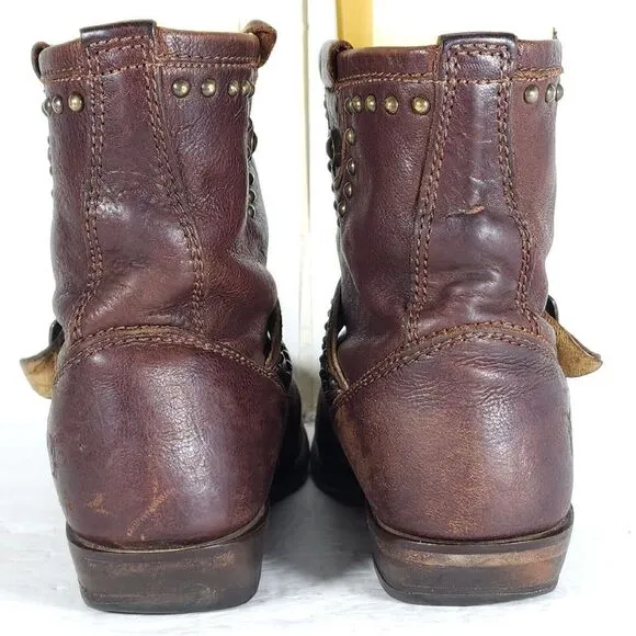 Frye Women's US 8B Brown Leather Studded Strap ankle Western Boots Booties