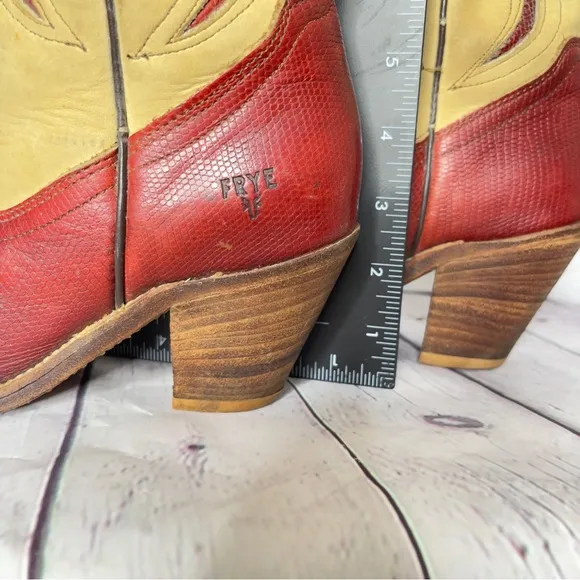 Frye Women’s Vintage Western Cowgirl Boot Tan and Brick Red Size 6.5B