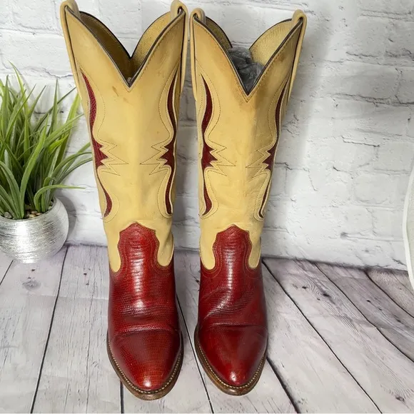 Frye Women’s Vintage Western Cowgirl Boot Tan and Brick Red Size 6.5B