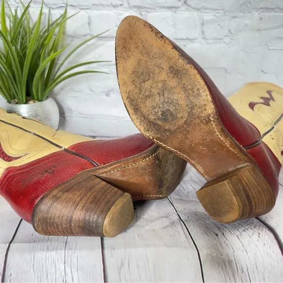 Frye Women’s Vintage Western Cowgirl Boot Tan and Brick Red Size 6.5B