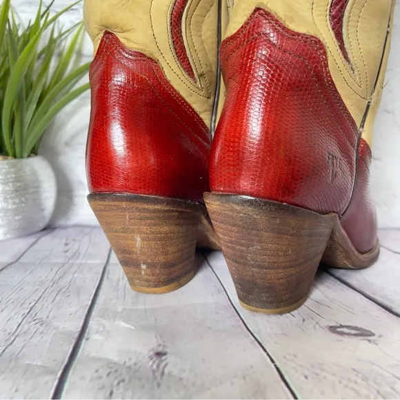 Frye Women’s Vintage Western Cowgirl Boot Tan and Brick Red Size 6.5B