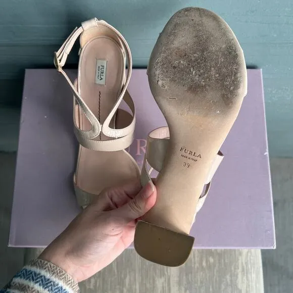 Furla 'Carmen' Nude Patent Leather Heeled Sandals Size 39