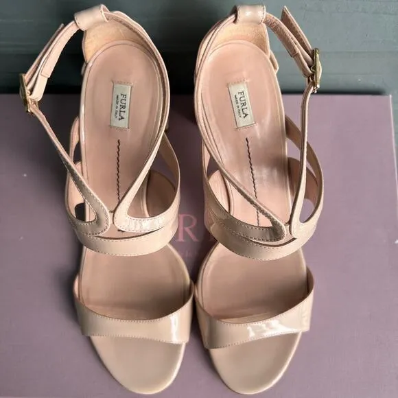 Furla 'Carmen' Nude Patent Leather Heeled Sandals Size 39