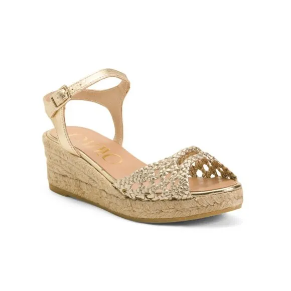 GAIMO Gold Made In Spain Leather Braided Open Toe Espadrille Wedge Sandals