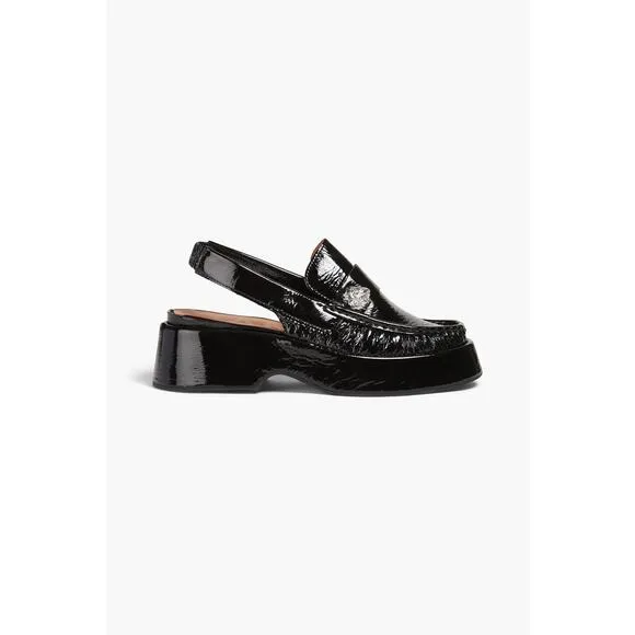 Ganni 'Crinkled' Black Patent-Leather Slingback Loafers Size 7