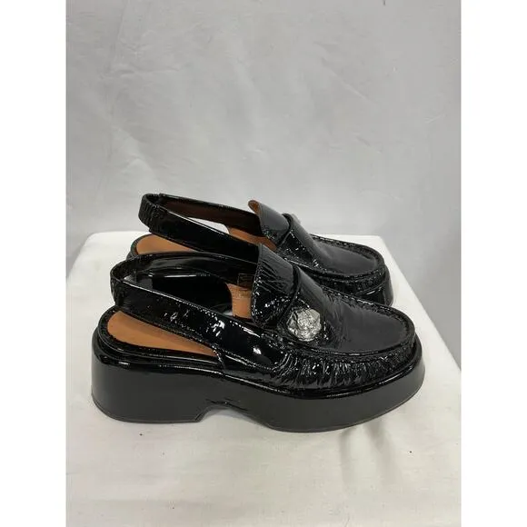 Ganni 'Crinkled' Black Patent-Leather Slingback Loafers Size 7