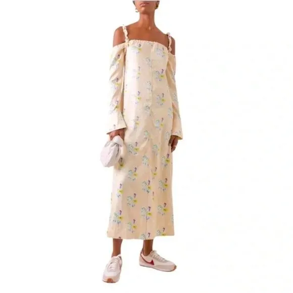 Ganni Floral Satin Off-The-Shoulder Maxi Dress Size 6 (36) NWT
