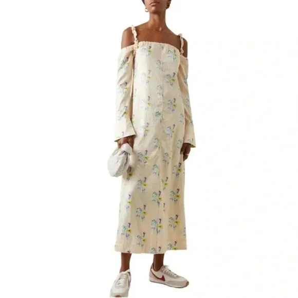 Ganni Floral Satin Off-The-Shoulder Maxi Dress Size 6 (36) NWT