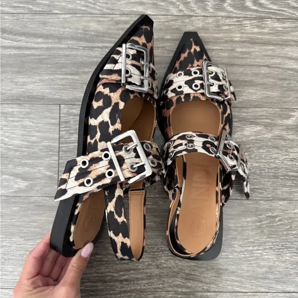 GANNI Leopard Print Buckle Sandals 40