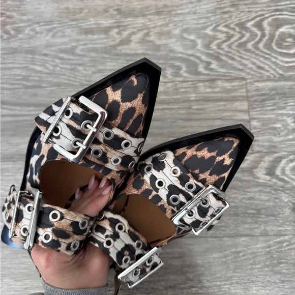 GANNI Leopard Print Buckle Sandals 40