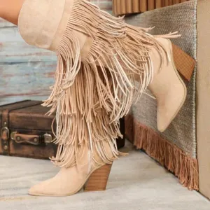 Geometric Fringe Decor Side Zipper Faux Suede Chunky Heel Resort Boots