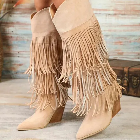 Geometric Fringe Decor Side Zipper Faux Suede Chunky Heel Resort Boots