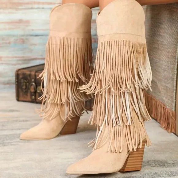 Geometric Fringe Decor Side Zipper Faux Suede Chunky Heel Resort Boots