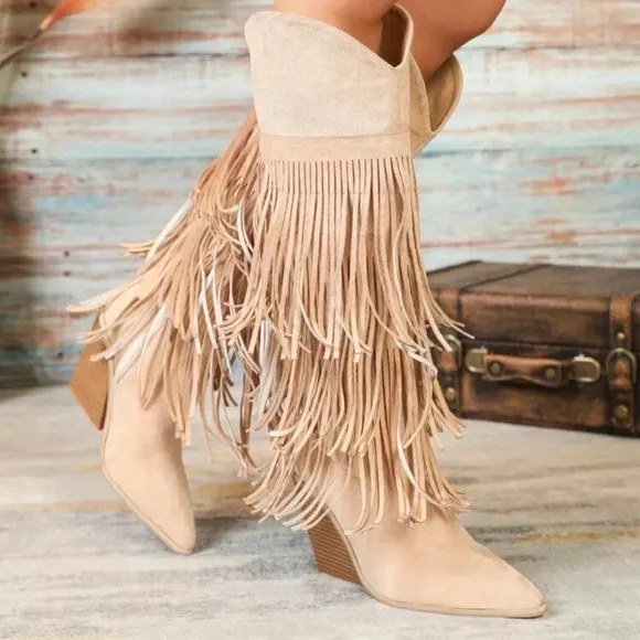 Geometric Fringe Decor Side Zipper Faux Suede Chunky Heel Resort Boots