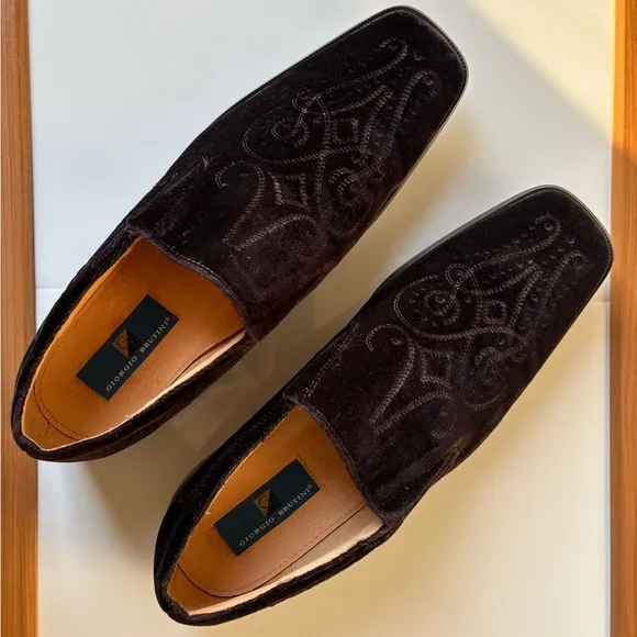 Giorgio Brutini Men’s Loafers Size 13 Brown Suede Leather Embroidered 159152