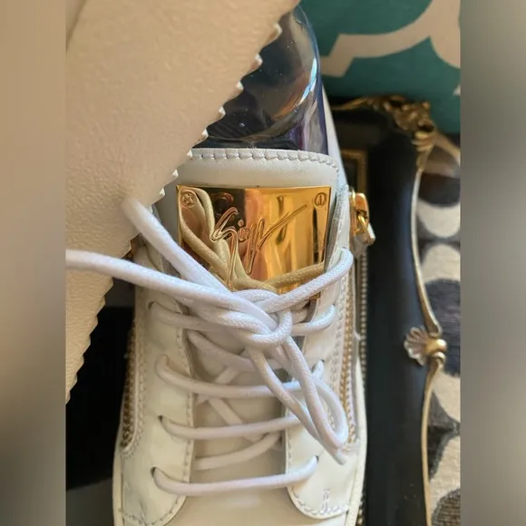 Giuseppe Zanotti Italian Luxury Brand Women’s White &amp; Gold Sneakers,Size 8US